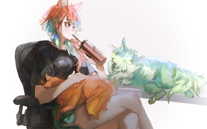 animal_ears animal_hands animal_on_lap cat cat_ears chair chonkers_(takanashi_kiara) drinking drinking_straw_in_mouth earrings feather_earrings feathers highres hololive hololive_english jewelry kfp multicolored_hair orange_hair quasarcake shorts sitting smoothie_(takanashi_kiara) takanashi_kiara thighs violet_eyes virtual_youtuber