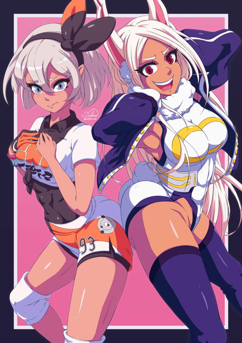 2girls abs animal_ears ass ass-to-ass bare_arms black_bodysuit black_hairband bodysuit bodysuit_under_clothes boku_no_hero_academia breasts bunny_tail closed_mouth cropped_shirt crossover eyebrows_visible_through_hair fur_collar furrowed_eyebrows gloves grey_eyes grey_hair gym_leader hairband hands_on_own_chest hands_up highres impossible_clothes impossible_leotard knee_pads leotard long_hair long_sleeves medium_hair mirko multiple_girls open_mouth pokemon pokemon_(game) pokemon_swsh rabbit_ears rabbit_girl red_eyes ringed_eyes saitou_(pokemon) scalizo_art shorts signature single_glove sleeves_past_wrists smile tail tail_through_clothes thigh-highs twitter_username white_hair