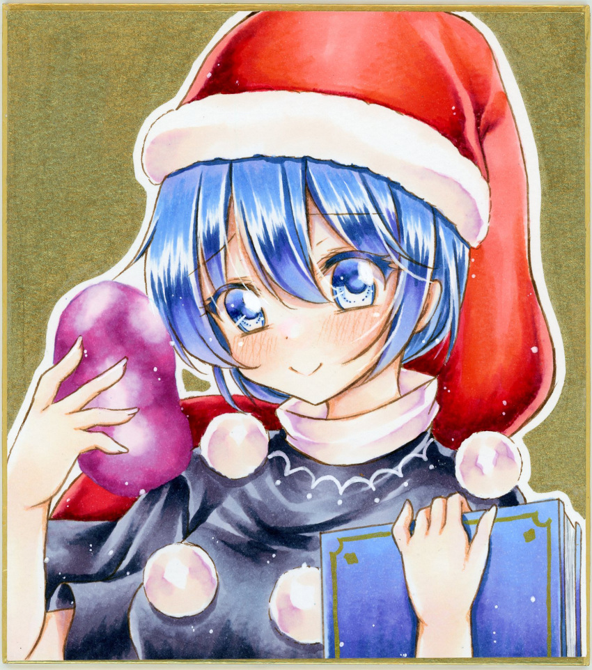 1girl bangs black_dress blue_eyes blue_hair blush book commentary_request doremy_sweet dress eyebrows_visible_through_hair graphite_(medium) hair_between_eyes hat highres holding holding_book looking_at_viewer marker_(medium) nekofish666 nightcap pom_pom_(clothes) portrait shiny shiny_hair short_hair short_sleeves smile solo touhou traditional_media