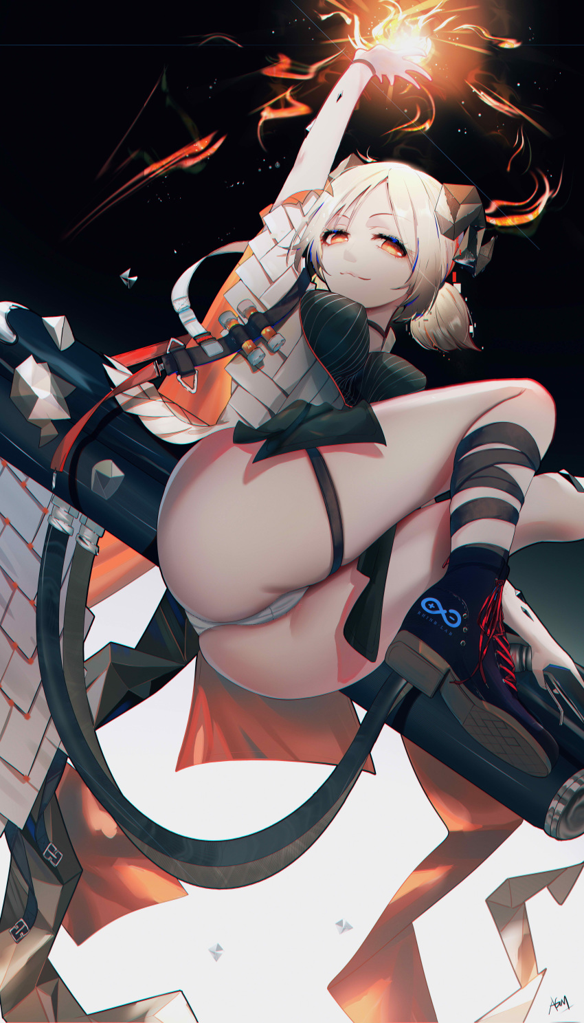 1girl absurdres arknights arm_up ass bare_legs black_background black_footwear black_ribbon boots breasts commentary_request grey_background highres horns ifrit_(arknights) leg_ribbon looking_at_viewer medium_breasts omone_hokoma_agm ore_lesion_(arknights) originium_arts_(arknights) panties red_eyes rhine_lab_logo ribbon short_hair signature silver_hair smile solo thigh_strap thighs two-tone_background underwear white_panties
