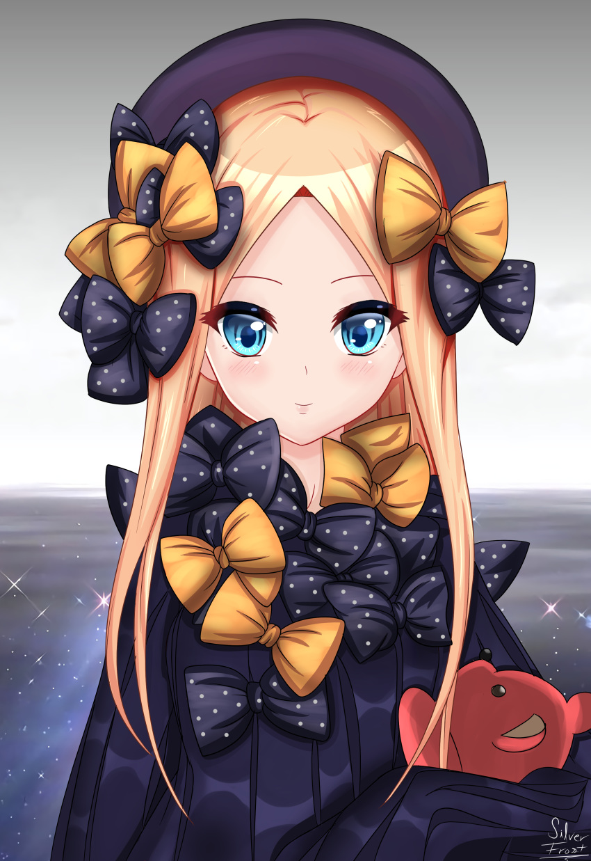 1girl abigail_williams_(fate/grand_order) absurdres bangs black_bow black_dress black_headwear blonde_hair blue_eyes bow breasts closed_mouth dress fate/grand_order fate_(series) forehead frosver hair_bow hat highres long_hair multiple_bows orange_bow parted_bangs polka_dot polka_dot_bow ribbed_dress sleeves_past_fingers sleeves_past_wrists small_breasts smile stuffed_animal stuffed_toy teddy_bear