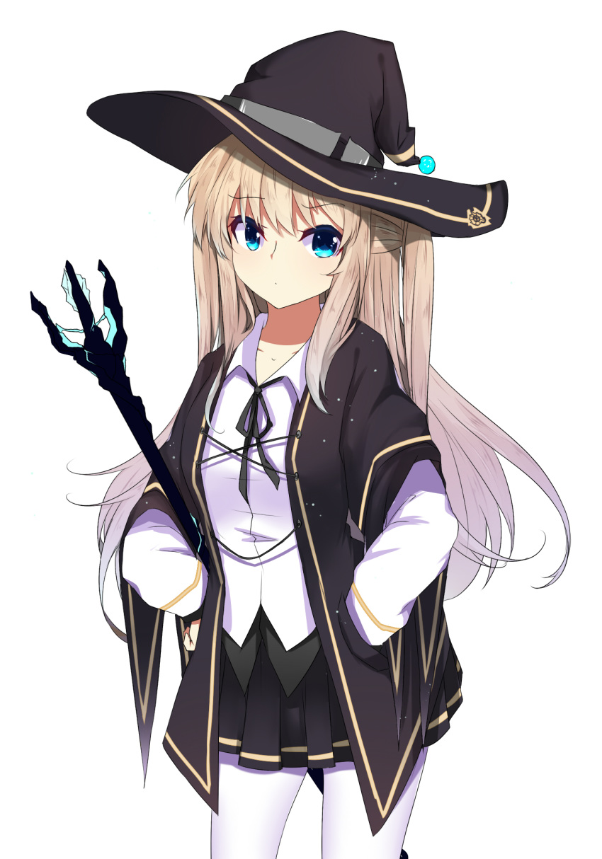 1girl bangs black_coat black_headwear black_skirt blonde_hair blue_eyes coat cowboy_shot hands_on_hips hat highres holding holding_staff holding_wand long_hair long_sleeves looking_at_viewer original pantyhose pleated_skirt shirt sidelocks simple_background skirt sleeve_cuffs solo staff symbol_commentary two_side_up wand weapon white_background white_legwear white_shirt witch_hat zzb