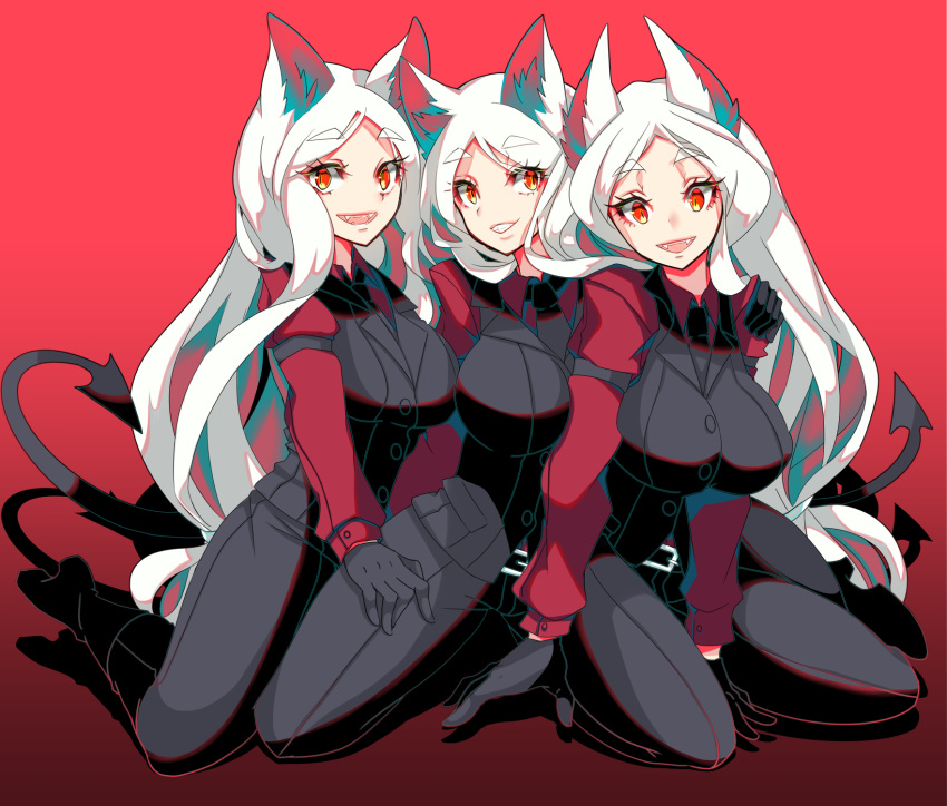 3girls animal_ears black_gloves black_neckwear black_pants black_suit black_tail black_vest cerberus_(helltaker) collared_shirt demon_girl demon_tail dog_ears dog_girl eyebrows_visible_through_hair fangs full_body gloves gradient gradient_background helltaker highres long_hair long_sleeves looking_at_viewer matching_outfit multiple_girls necktie pants red_background red_eyes red_shirt shirt sitting tail triplets vest white_hair zeni_(mxyz7532)