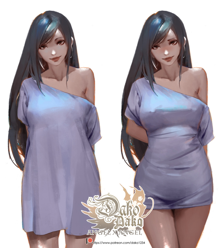 1girl baggy_clothes black_hair blue_shirt blush breasts covered_navel covered_nipples dako6995 earrings final_fantasy final_fantasy_vii highres hoop_earrings jewelry long_hair multiple_views nipples off-shoulder_shirt off_shoulder pajamas_challenge pulled_by_self shirt short_sleeves simple_background solo taut_clothes taut_shirt tifa_lockhart white_background