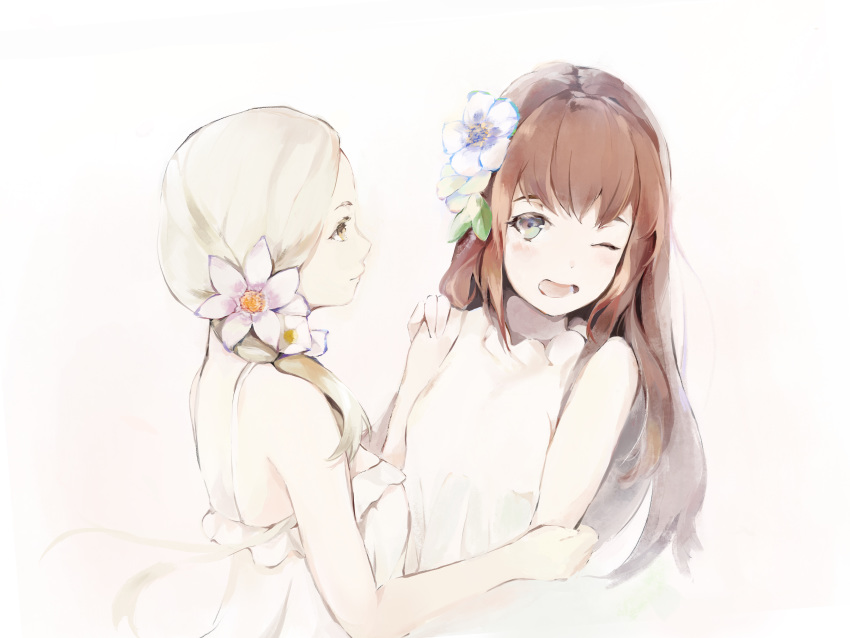 2girls absurdres bare_arms bare_shoulders breasts brown_eyes brown_hair closed_mouth commentary_request dress eye_contact flower green_eyes hair_flower hair_ornament hair_over_shoulder hanagin highres light_smile long_hair looking_at_another medium_breasts multiple_girls one_eye_closed open_mouth original profile sleeveless sleeveless_dress very_long_hair white_background white_dress white_flower