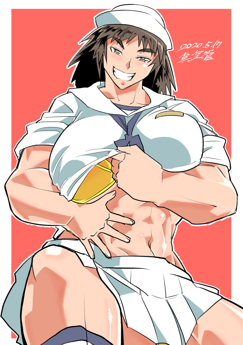 1girl abs absurdres bangs black_hair dixie_cup_hat girls_und_panzer girls_und_panzer_saishuushou hat highres long_hair military_hat murakami_(girls_und_panzer) muscle muscular_female navel ooarai_naval_school_uniform school_uniform shinkuukan_(tetsuo3) smile solo toned