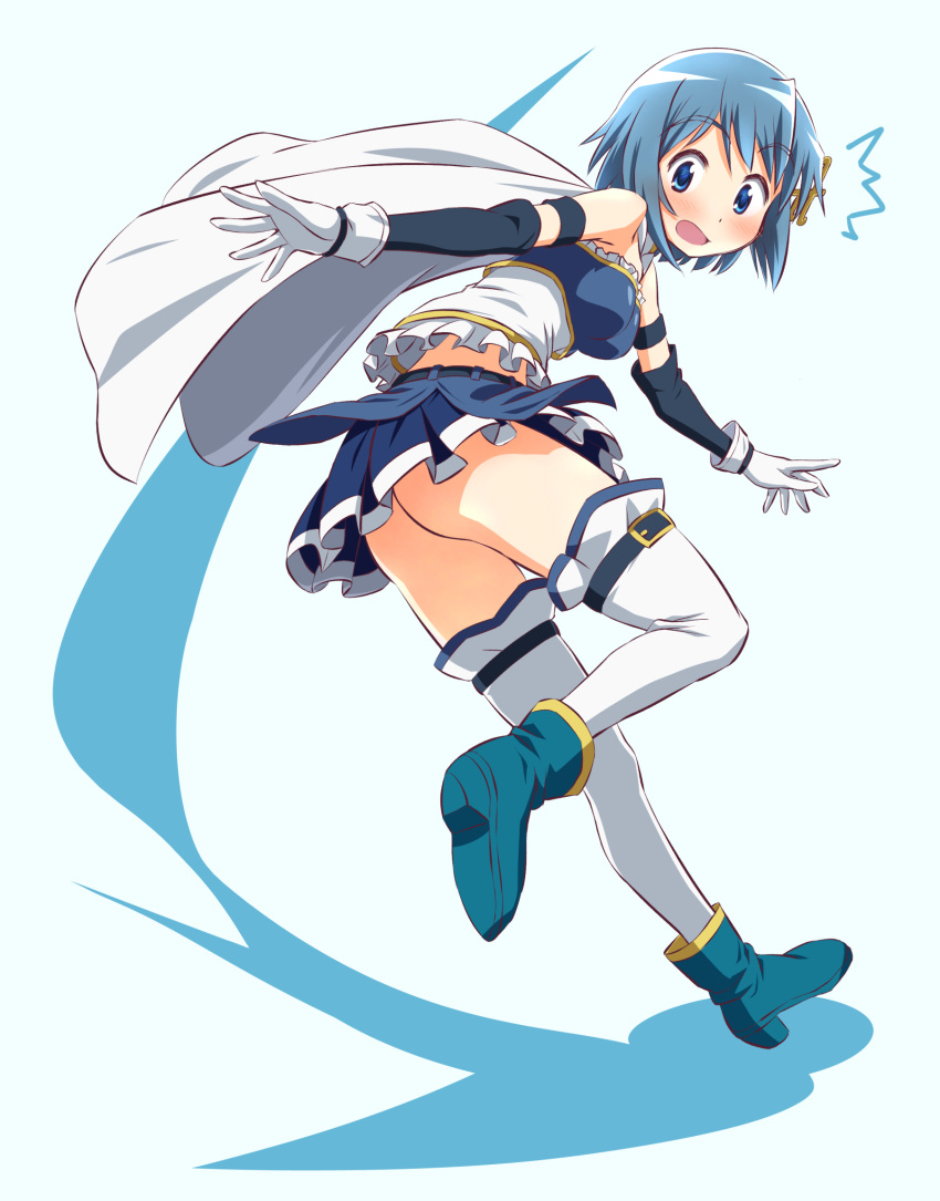 /\/\/\ 1girl ankle_boots aqua_background ass bare_shoulders belt blue_eyes blue_footwear blue_hair blue_skirt blush boots breasts cape d: detached_sleeves dot_nose embarrassed eyebrows_visible_through_hair floating_hair frills full_body gloves hair_between_eyes hair_ornament hairclip highres inoue_kouji leg_up looking_back looking_down mahou_shoujo_madoka_magica medium_breasts miki_sayaka open_mouth outstretched_arms pleated_skirt shaded_face shiny shiny_hair short_hair simple_background skirt solo standing standing_on_one_leg strapless surprised thigh-highs thighs white_cape white_gloves white_legwear wide-eyed zettai_ryouiki