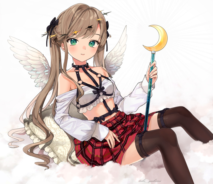 1girl angel angel_wings bangs bare_shoulders belt black_bow black_choker black_ribbon bondage_outfit bow brown_hair brown_legwear choker clouds crescent crop_top frilled_shirt frills green_eyes hair_bow halo highres light_smile long_hair long_sleeves looking_at_viewer midriff miniskirt off-shoulder_shirt off_shoulder original pillow plaid plaid_skirt pleated_skirt red_skirt ribbon shirt sitting skirt solo swept_bangs tate_yukimi thigh-highs thigh_strap twintails very_long_hair wand white_shirt wings