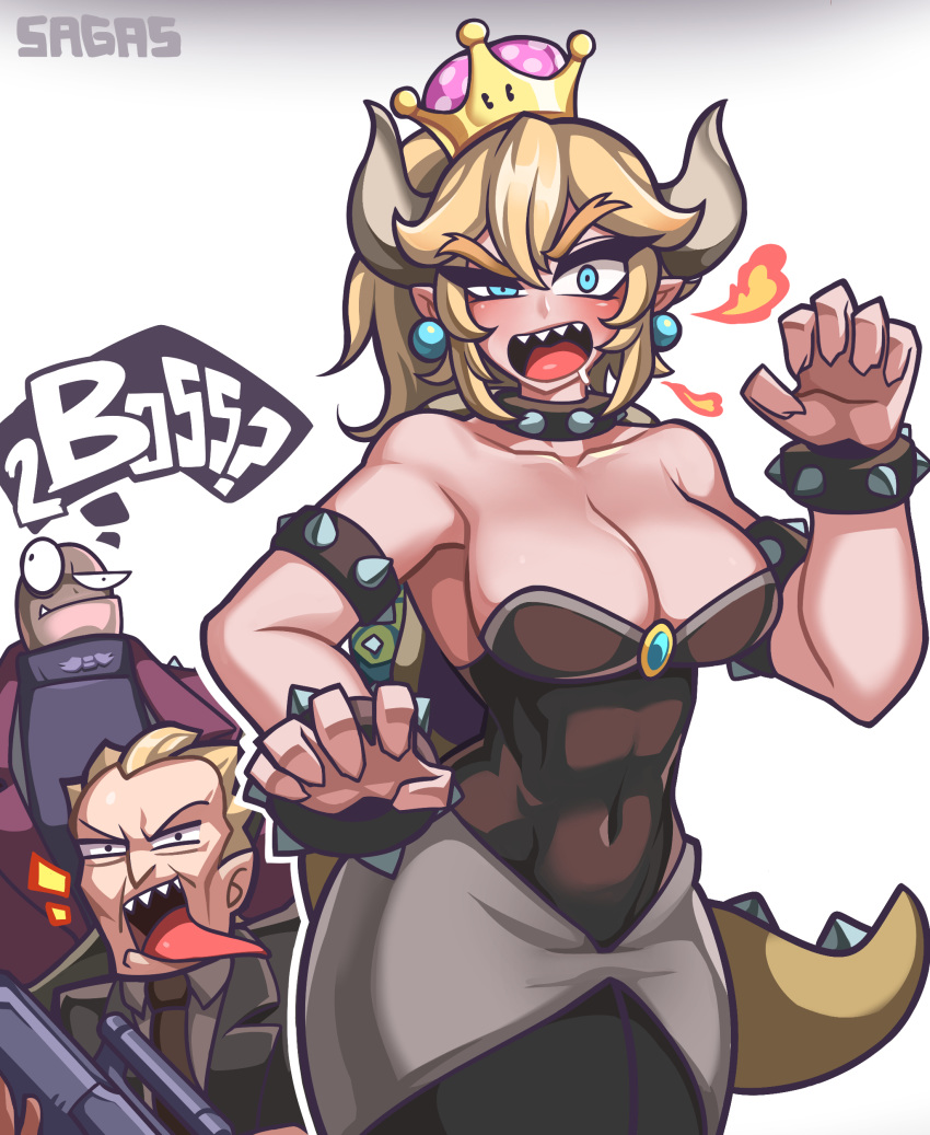 1boy 1girl absurdres bare_shoulders black_collar black_dress blonde_hair blue_eyes bowsette bracelet collar collarbone covered_navel cowboy_shot dress earrings hair_between_eyes highres horns jewelry long_hair looking_at_viewer super_mario_bros. new_super_mario_bros._u_deluxe open_mouth pointy_ears sagas293 sharp_teeth spiked_armlet spiked_bracelet spiked_collar spiked_shell spiked_tail spikes strapless strapless_dress super_crown super_mario_bros._(movie) tail teeth tongue tongue_out turtle_shell