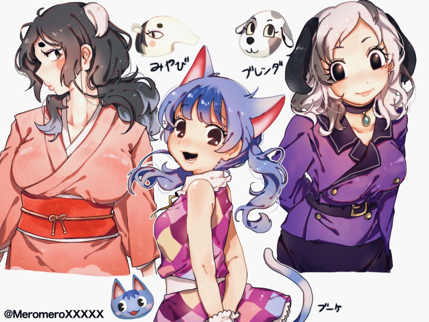 3girls :3 :d animal_ears anteater anteater_ears argyle argyle_dress arm_behind_back arms_behind_back bangs bare_shoulders belt belt_buckle black_belt black_choker black_eyes blue_hair bouquet_(doubutsu_no_mori) breasts brenda_(doubutsu_no_mori) buckle buttons cat cat_ears cat_girl cat_tail character_name choker closed_mouth collarbone dog dog_ears doubutsu_no_mori dress dual_persona extra_ears eyebrows_visible_through_hair eyelashes floppy_ears grey_hair japanese_clothes kimono large_breasts lips long_hair medium_breasts miyabi_(doubutsu_no_mori) multicolored_hair multiple_girls obi open_mouth personification pink_kimono pink_lips ribbon sash simple_background sleeveless sleeveless_dress sleeves_past_elbows smile tail tail_raised twintails twitter_username two-tone_hair umikinoko_(umitake) white_background white_hair yellow_ribbon