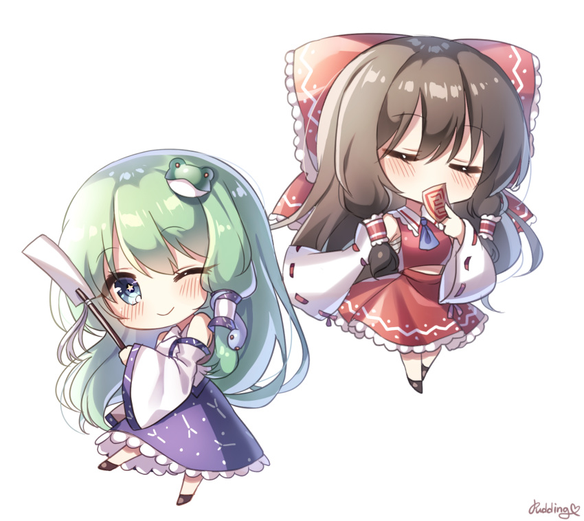 +_+ 2girls artist_name bangs bare_shoulders black_footwear black_hair blue_eyes blue_neckwear blue_skirt bow braid chibi closed_eyes detached_sleeves dress eyebrows_visible_through_hair frilled_bow frilled_dress frilled_shirt_collar frills frog_hair_ornament gohei green_hair hair_between_eyes hair_ornament hakurei_reimu highres holding japanese_clothes kochiya_sanae long_hair looking_at_viewer miko multiple_girls ofuda one_eye_closed pudding_(skymint_028) red_bow ribbon-trimmed_sleeves ribbon_braid ribbon_trim signature simple_background skirt snake_hair_ornament touhou twin_braids white_background white_frills wide_sleeves