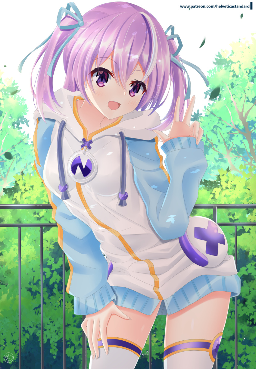 1girl bangs blue_ribbon blush commentary_request eyebrows_visible_through_hair hair_between_eyes hair_ribbon hand_on_own_thigh helvetica_5tandard highres hood hoodie long_sleeves looking_at_viewer open_mouth original outdoors patreon_username purple_hair ribbon short_hair sidelocks signature solo thigh-highs tree two_side_up v violet_eyes