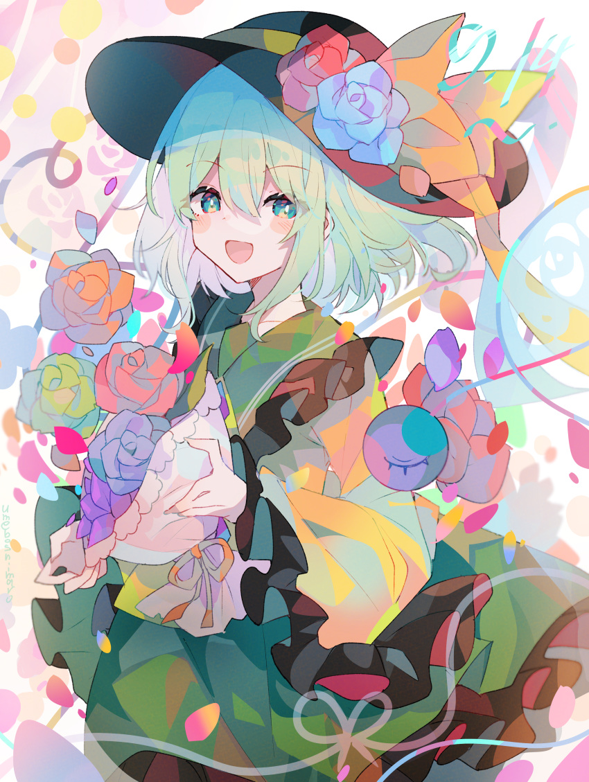 1girl absurdres aqua_eyes bangs blush bow collared_shirt dated eyeball eyebrows_visible_through_hair floral_background flower frilled_sleeves frills green_eyes green_skirt hair_flower hair_ornament hat hat_bow hat_ribbon heart heart_of_string highres huge_filesize koishi_day komeiji_koishi long_sleeves looking_at_viewer petals ribbon rose shirt silver_hair skirt solo string third_eye touhou umemaro_(siona0908) wavy_hair wide_sleeves yellow_bow yellow_ribbon yellow_shirt