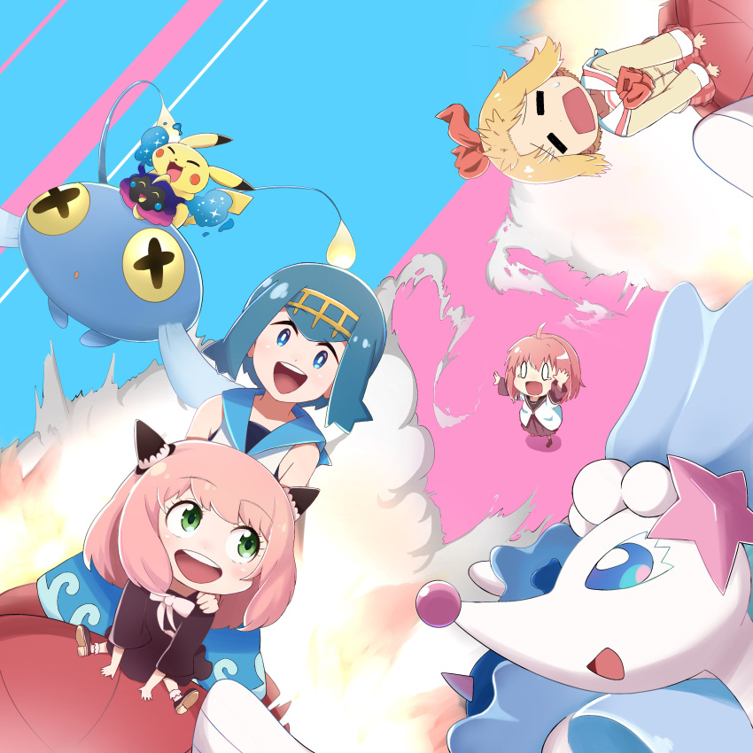 4girls :d :o absurdres ahoge akaza_akari alternate_hairstyle ania_(spy_x_family) annaka_haruna arm_up black_dress blazer blonde_hair blue_background blue_hair blue_pants blue_sailor_collar blush bow chinchou closed_eyes commentary_request cosmog crossover dress eyebrows_visible_through_hair flying gen_1_pokemon gen_2_pokemon gen_7_pokemon hair_bow hairband highres jacket legendary_pokemon looking_at_another mochamillll multiple_crossover multiple_girls nanamori_school_uniform neckerchief nichijou open_mouth pants pikachu pink_background pink_hair pleated_dress pokemon pokemon_(creature) pokemon_(game) pokemon_sm primarina red_bow red_dress red_neckwear red_skirt redhead ribbon riding riding_pokemon sailor_collar school_uniform shirt skirt smile spy_x_family suiren_(pokemon) tears tokisadame_school_uniform trial_captain two-tone_background upper_teeth white_sailor_collar white_shirt yellow_hairband yuru_yuri |d
