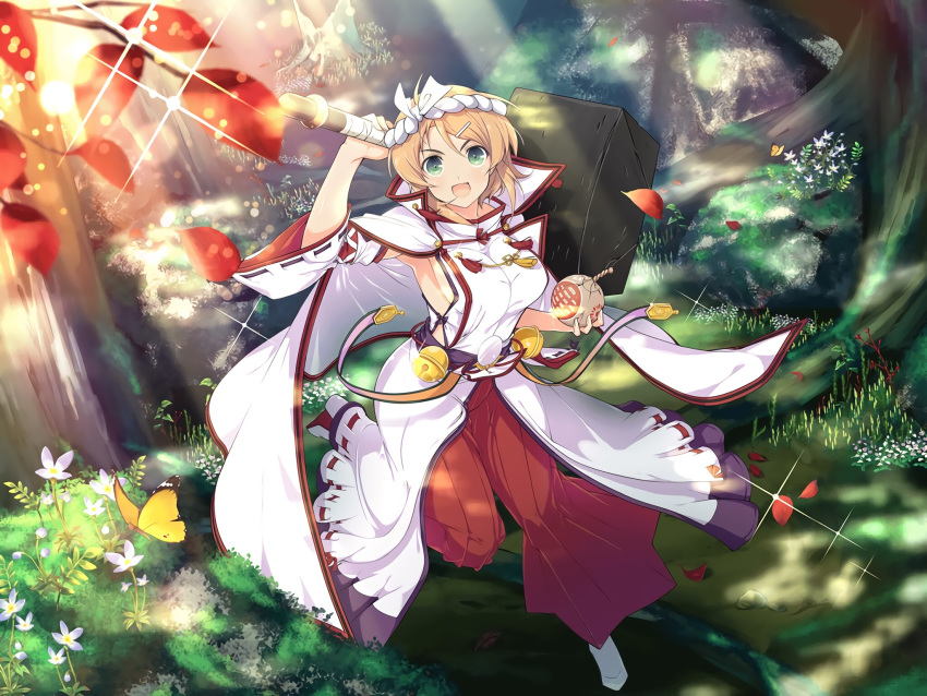 1girl :d bell blush bomb breasts bug butterfly detached_sleeves dual_wielding flower forest green_eyes hachimaki hair_between_eyes hair_ornament hairclip hakama hammer hanabi_(senran_kagura) headband highres holding holding_bomb holding_hammer holding_weapon insect japanese_clothes large_breasts long_sleeves looking_at_viewer miko nature official_art open_mouth orange_hair path pleated_skirt red_hakama sandals senran_kagura short_hair sideboob skirt smile solo sparkle tree weapon white_flower white_legwear wide_sleeves yaegashi_nan