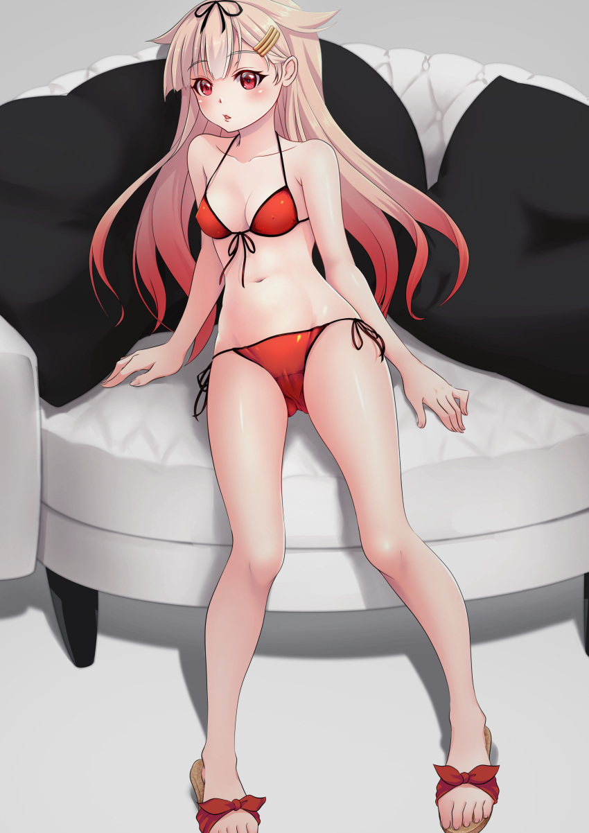 1girl absurdres alternate_costume bikini black_ribbon blonde_hair breasts couch front-tie_bikini front-tie_top gradient_hair hair_flaps hair_ornament hair_ribbon hairclip highres kantai_collection long_hair makura_(user_jpmm5733) multicolored_hair navel red_bikini red_eyes redhead remodel_(kantai_collection) ribbon sandals side-tie_bikini sitting small_breasts solo swimsuit very_long_hair yuudachi_(kantai_collection)