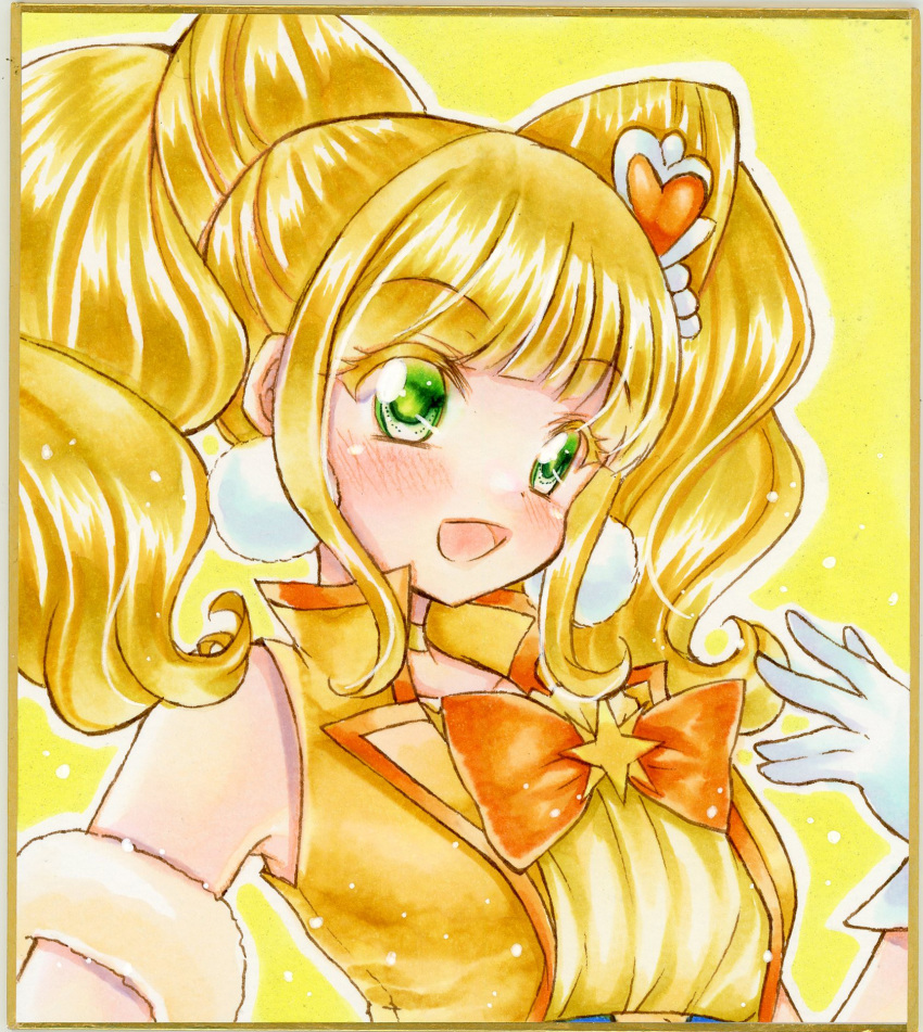 1girl bangs bare_shoulders blonde_hair blunt_bangs blush choker commentary_request cure_sparkle dress earrings eyebrows_visible_through_hair gloves graphite_(medium) green_eyes healin'_good_precure highres jewelry looking_at_viewer marker_(medium) nekofish666 open_mouth portrait precure shiny shiny_hair sidelocks sleeveless sleeveless_dress solo traditional_media two_side_up white_gloves yellow_dress yellow_neckwear