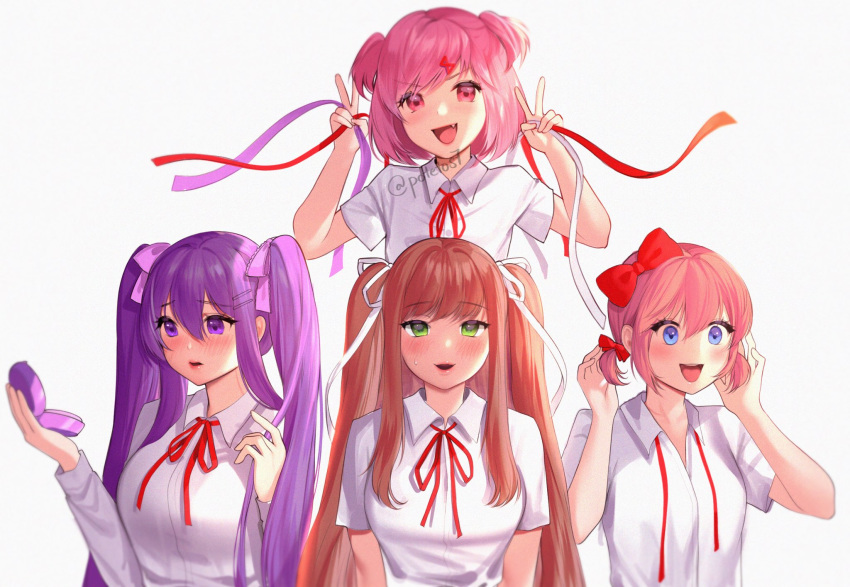 4girls :d alternate_hairstyle bangs blue_eyes blush bow doki_doki_literature_club double_v eyebrows_visible_through_hair fang green_eyes hair_between_eyes hair_bow hair_ornament hair_ribbon hairclip highres long_hair looking_at_viewer low_twintails monika_(doki_doki_literature_club) multiple_girls natsuki_(doki_doki_literature_club) neck_ribbon open_mouth parted_lips pink_eyes potetos7 purple_ribbon red_bow red_ribbon ribbon sayori_(doki_doki_literature_club) shirt short_hair short_sleeves short_twintails simple_background smile twintails twitter_username two_side_up v v-shaped_eyebrows violet_eyes white_background white_ribbon white_shirt wing_collar yuri_(doki_doki_literature_club)