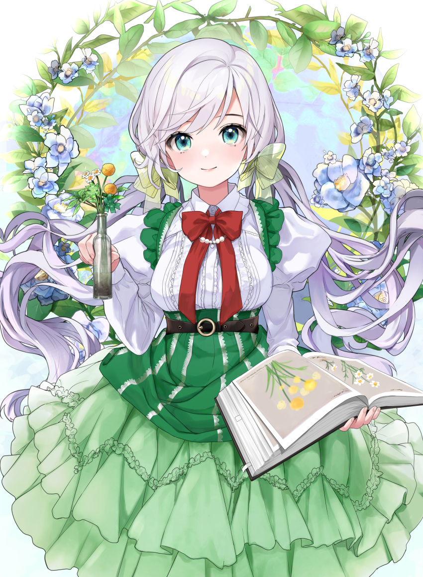 1girl absurdres bangs belt black_belt blue_eyes blue_flower blush book bottle bow breasts collared_shirt flower green_skirt highres light_smile long_hair long_skirt long_sleeves looking_at_viewer low_twintails medium_breasts open_book original puffy_long_sleeves puffy_sleeves red_bow shirt skirt solo suspender_skirt suspenders swept_bangs tate_yukimi twintails underbust very_long_hair white_hair white_shirt yellow_flower