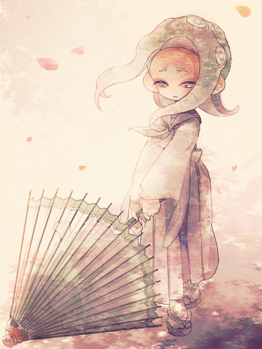 1girl closed_mouth commentary_request falling_petals full_body highres holding holding_umbrella holding_weapon japanese_clothes kimono long_hair minamo_(trr) octoling octoling_girl octoling_player_character petals recycled_brella_24_(splatoon) sandals solo splatoon_(series) splatoon_3 standing tentacle_hair umbrella weapon white_background