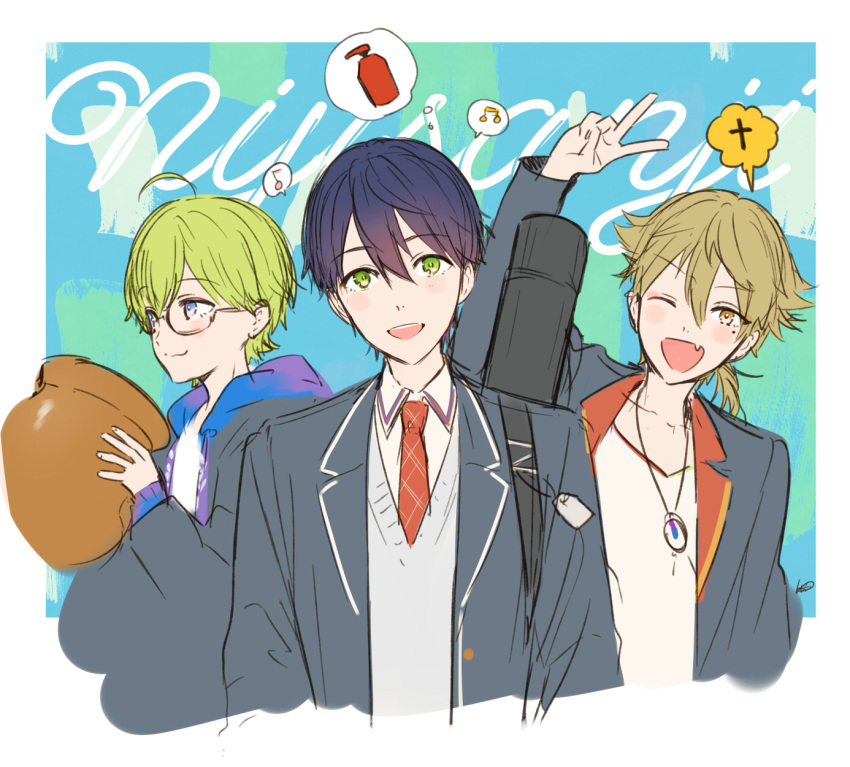 3boys :d ;d ahoge arm_up bangs beamed_eighth_notes blazer blush closed_mouth copyright_name eighth_note eyebrows_visible_through_hair fushimi_gaku glasses green_eyes green_hair hair_between_eyes highres holding jacket jewelry kenmochi_touya kippu long_sleeves looking_at_viewer male_focus mole mole_under_eye multiple_boys musical_note necktie nijisanji one_eye_closed open_blazer open_clothes open_jacket open_mouth pendant school_uniform semi-rimless_eyewear shibuya_hajime signature smile spoken_musical_note under-rim_eyewear v