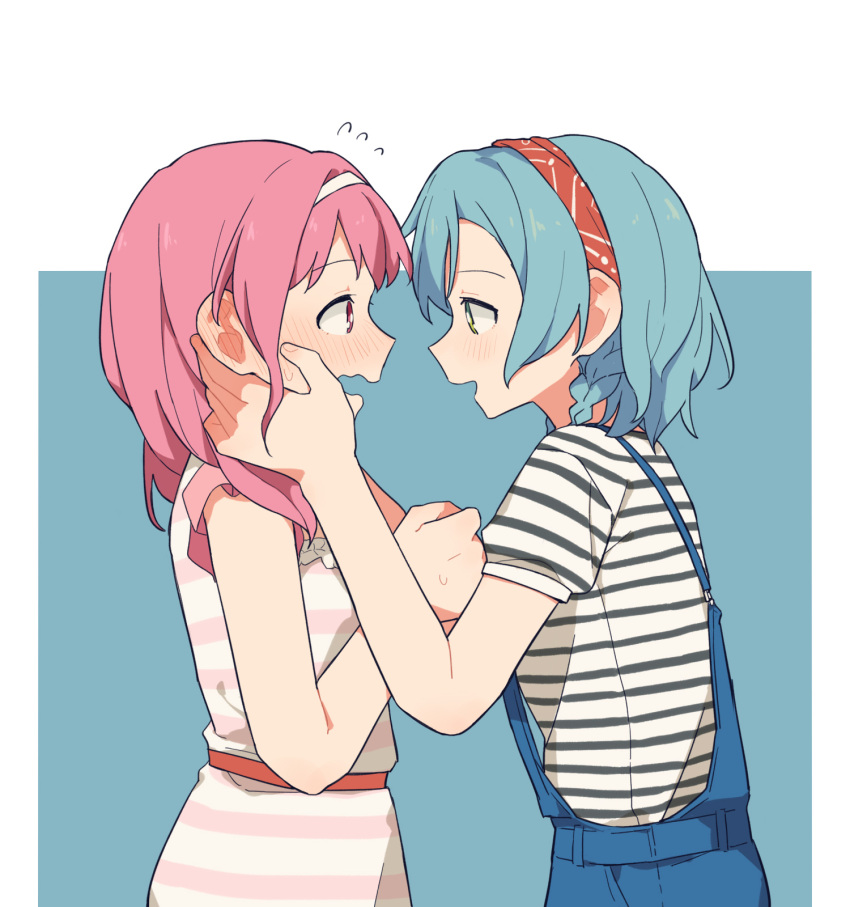 2girls bang_dream! blue_background blue_hair blush clenched_hand coldcat. commentary cowboy_shot dress ear_blush ears embarrassed eye_contact eyebrows_visible_through_hair face-to-face hands_on_another's_cheeks hands_on_another's_face headband highres hikawa_hina looking_at_another maruyama_aya medium_hair multiple_girls overalls pink_dress pink_hair profile red_headband short_hair short_sleeves side_braids simple_background striped striped_dress wavy_mouth white_dress white_headband yuri