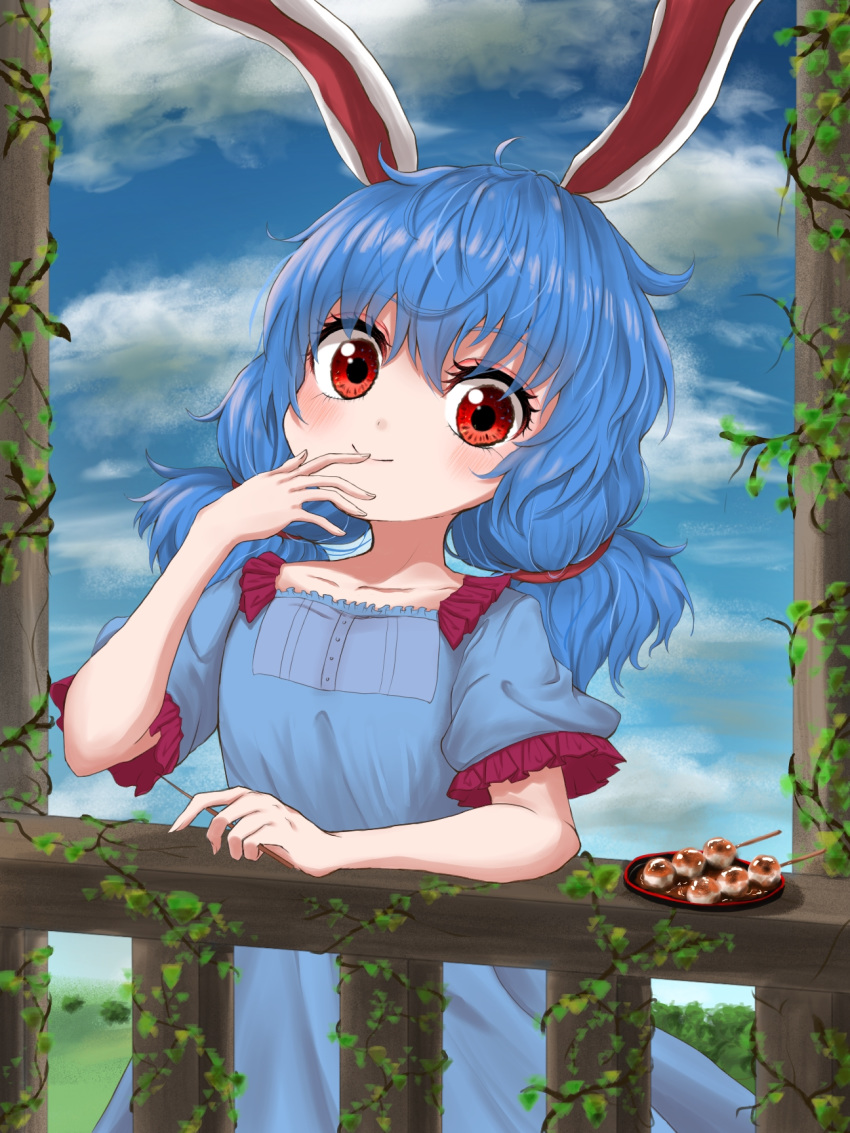 1girl animal_ears arm_rest arm_up blue_dress blue_hair blue_sky clouds collarbone dango day dress eyebrows_visible_through_hair food hand_on_own_face head_tilt highres holding_skewer ivy kayon_(touzoku) light_blush looking_at_viewer low_twintails outdoors plate puffy_short_sleeves puffy_sleeves rabbit_ears railing red_eyes seiran_(touhou) short_hair short_sleeves sky smile solo symbol_commentary touhou twintails wagashi