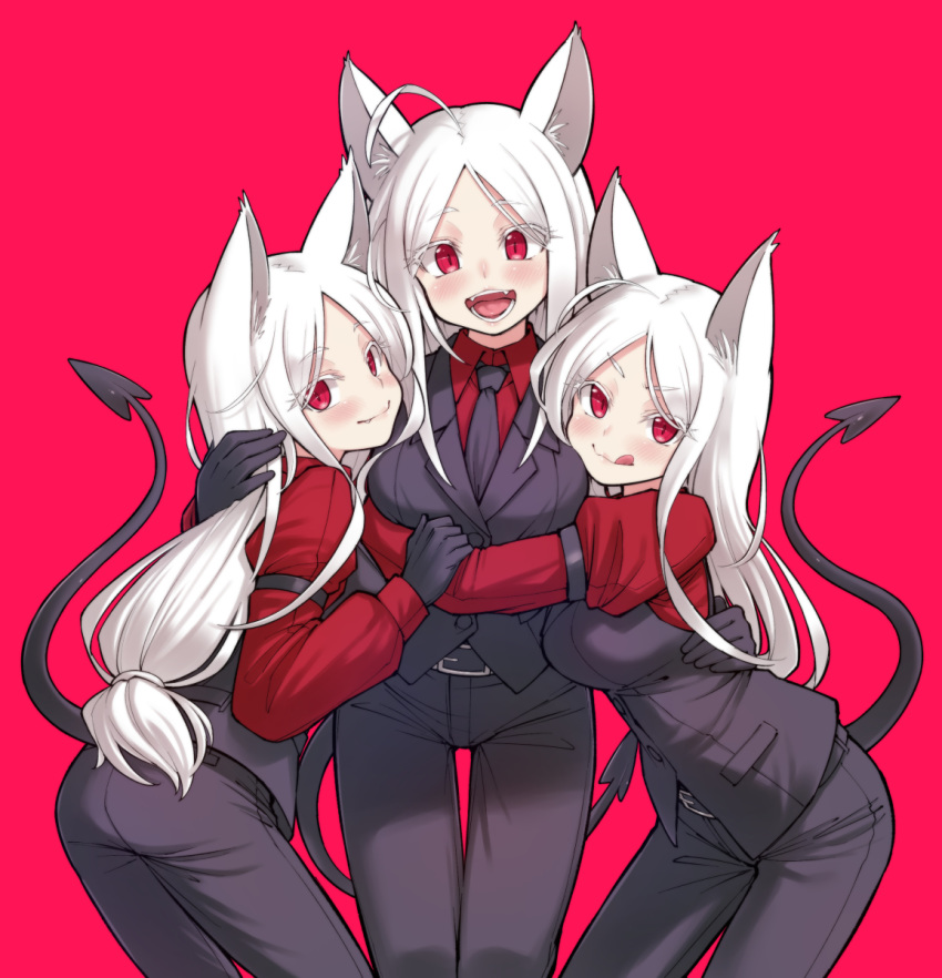 3girls alphy animal_ears ass belt black_belt black_gloves black_pants black_vest cerberus_(helltaker) closed_mouth commentary cowboy_shot demon_girl demon_tail dog_ears dog_girl fang fang_out fangs gloves helltaker highres long_hair looking_at_viewer looking_back multiple_girls necktie open_mouth pants red_background red_eyes red_shirt shirt simple_background smile symbol_commentary tail tongue tongue_out triplets vest white_hair