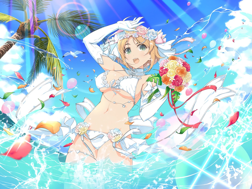 1girl :d bikini blush bouquet breasts bride clouds cloudy_sky day detached_sleeves flower green_eyes hair_between_eyes hair_ornament hairclip hanabi_(senran_kagura) head_wreath highres holding holding_bouquet jewelry large_breasts lens_flare looking_at_viewer navel necklace ocean official_art open_mouth orange_flower orange_hair orange_rose palm_tree pearl_necklace petals pink_flower pink_rose red_flower red_rose rose senran_kagura short_hair sky smile solo splashing swimsuit tree veil white_bikini yaegashi_nan yellow_flower yellow_rose