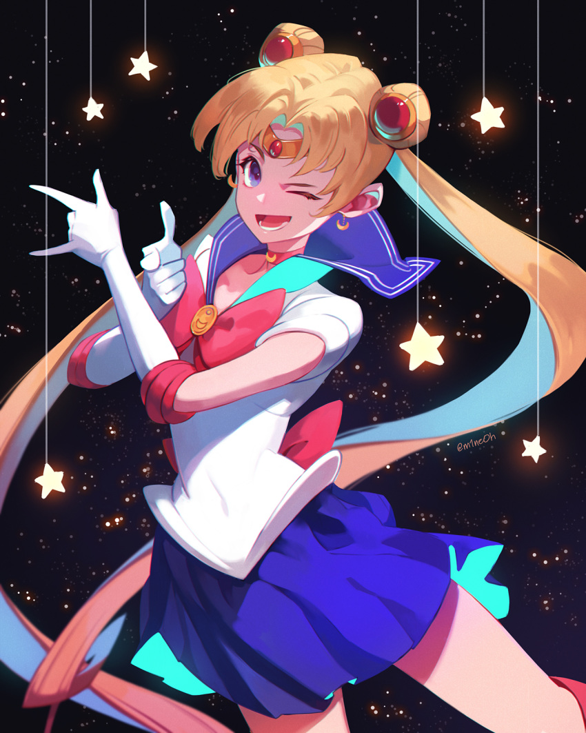 1girl bishoujo_senshi_sailor_moon blonde_hair blue_eyes blue_sailor_collar choker crescent double_bun earrings gloves highres jewelry jiro_(ninetysix) long_hair looking_at_viewer magical_girl one_eye_closed red_choker sailor_collar sailor_moon sailor_senshi_uniform skirt solo tsuki_ni_kawatte_oshioki_yo tsukino_usagi twintails white_gloves