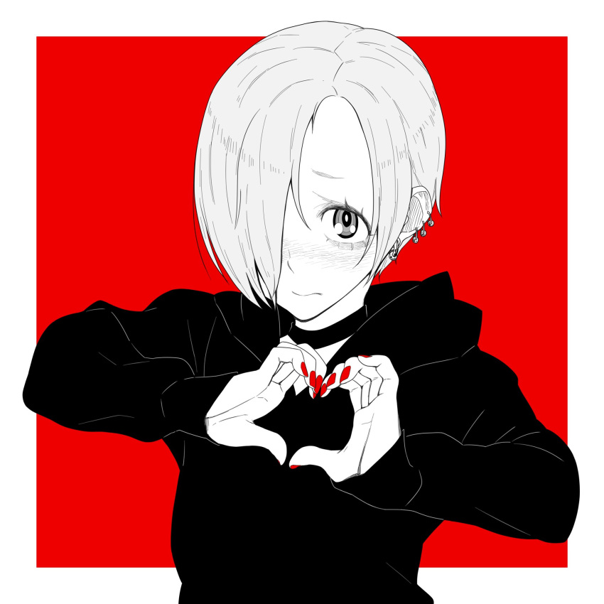 1girl blush choker commentary_request ear_piercing earrings greyscale heart heart_hands highres hood hood_down hoodie idolmaster idolmaster_cinderella_girls jewelry monochrome piercing red_nails shirasaka_koume short_hair solo spot_color tocky upper_body