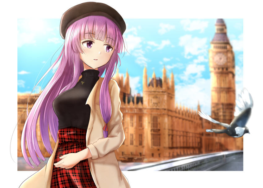 1girl beret bird black_shirt blurry blurry_background border casual clouds cloudy_sky commentary_request elizabeth_tower eyebrows_visible_through_hair hair_between_eyes hat jacket long_hair looking_away open_clothes open_jacket patchouli_knowledge plaid plaid_skirt purple_hair ram_hachimin red_skirt shirt skirt sky solo touhou violet_eyes