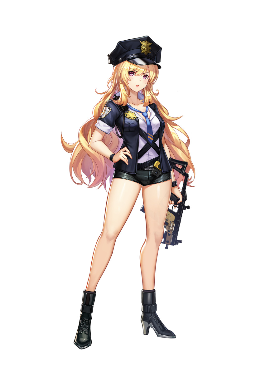1girl bare_legs belt black_footwear black_headwear black_jacket black_shorts blonde_hair blue_neckwear blush boots breasts chinese_commentary collared_shirt eyebrows_visible_through_hair full_body gun hair_between_eyes hand_on_hip hat high_heel_boots high_heels highres holding holding_gun holding_weapon jacket long_hair looking_at_viewer machine_gun medium_breasts necktie open_clothes open_jacket open_mouth original police police_hat police_uniform shirt short_necktie short_shorts short_sleeves shorts simple_background solo sramy thighs uniform violet_eyes walkie-talkie wavy_hair weapon white_background white_shirt wristband