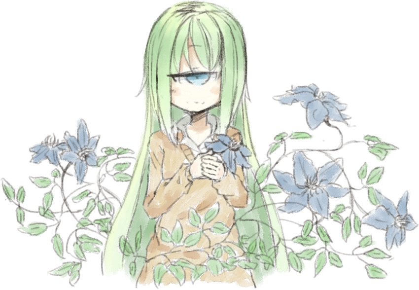 1girl alastor1211 blue_eyes commentary_request cyclops flower green_hair long_hair looking_at_viewer one-eyed original simple_background sketch solo upper_body very_long_hair white_background