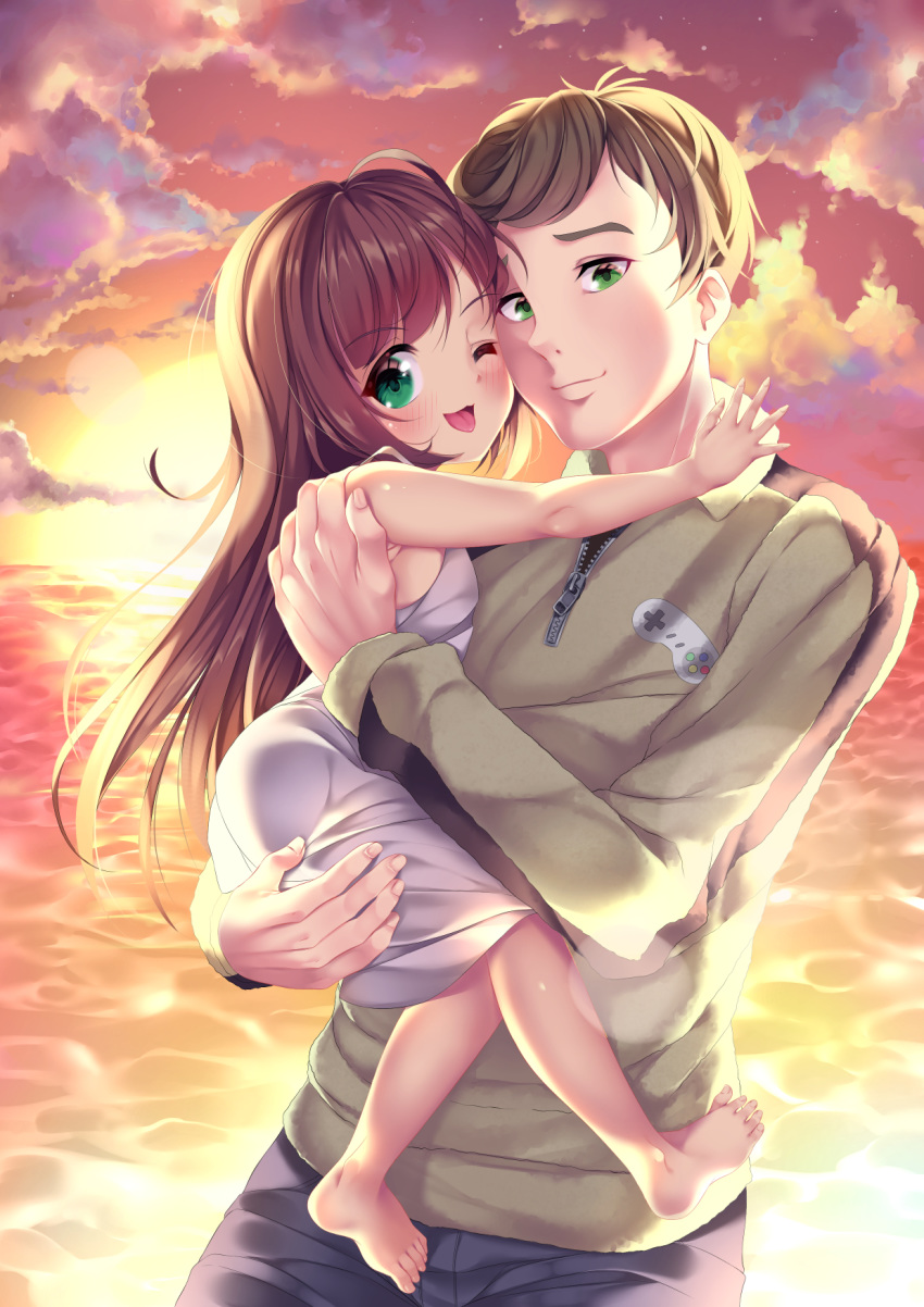 1boy 1girl age_difference bare_arms bare_shoulders blush carrying clouds cloudy_sky copyright_request cuddling eyebrows_visible_through_hair gorudazo green_eyes highres long_hair looking_at_viewer ocean open_mouth sky smile sun sunlight sunset