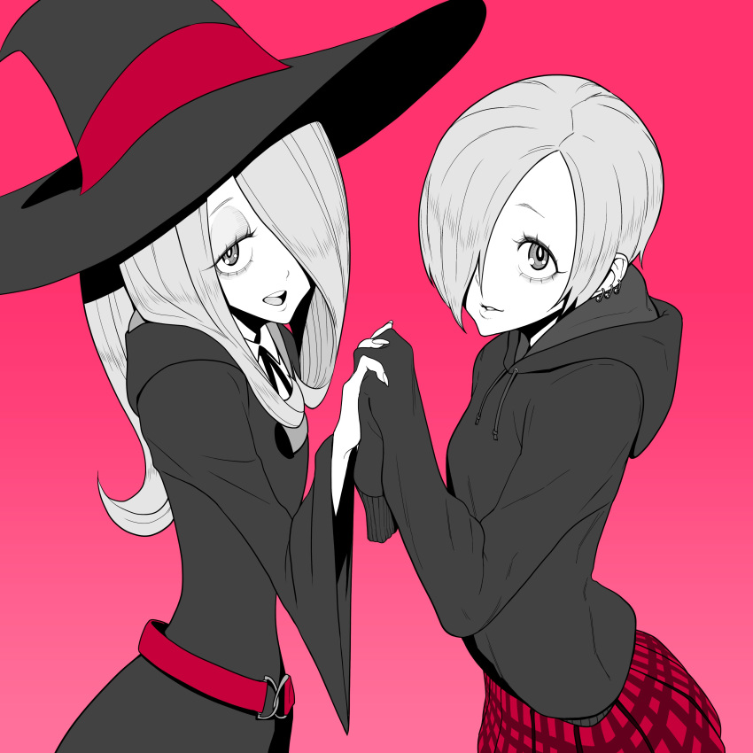 2girls absurdres bags_under_eyes belt crossover dated ear_piercing hair_over_one_eye half-closed_eyes hat highres holding_hands hood hoodie idolmaster idolmaster_cinderella_girls limited_palette little_witch_academia long_hair looking_at_viewer multiple_girls piercing pink_background pleated_skirt shirasaka_koume short_hair signature simple_background skirt sleeves_past_fingers sleeves_past_wrists smile sucy_manbavaran tocky trait_connection witch witch_hat