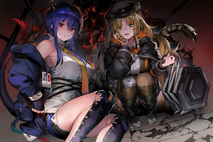 2girls 666_(ro_ro_ro3) absurdres animal_ears arknights bag bangs bare_shoulders black_footwear black_headwear black_jacket black_legwear blonde_hair blue_bag blue_hair blue_jacket boots breasts ch'en_(arknights) chain commentary_request dark_background dragon_horns drill_hair eyebrows_visible_through_hair fang feet_out_of_frame fingerless_gloves frown gloves green_eyes hair_between_eyes hair_ornament hair_ribbon hat highres holding holding_weapon horns huge_filesize jacket large_breasts long_hair looking_at_viewer multiple_girls off-shoulder_jacket open_mouth orange_neckwear orange_ribbon parted_bangs red_eyes ribbon shirt shorts sidelocks sleeveless smile swire_(arknights) tail thigh-highs tiger_ears tiger_tail weapon white_shirt yellow_neckwear