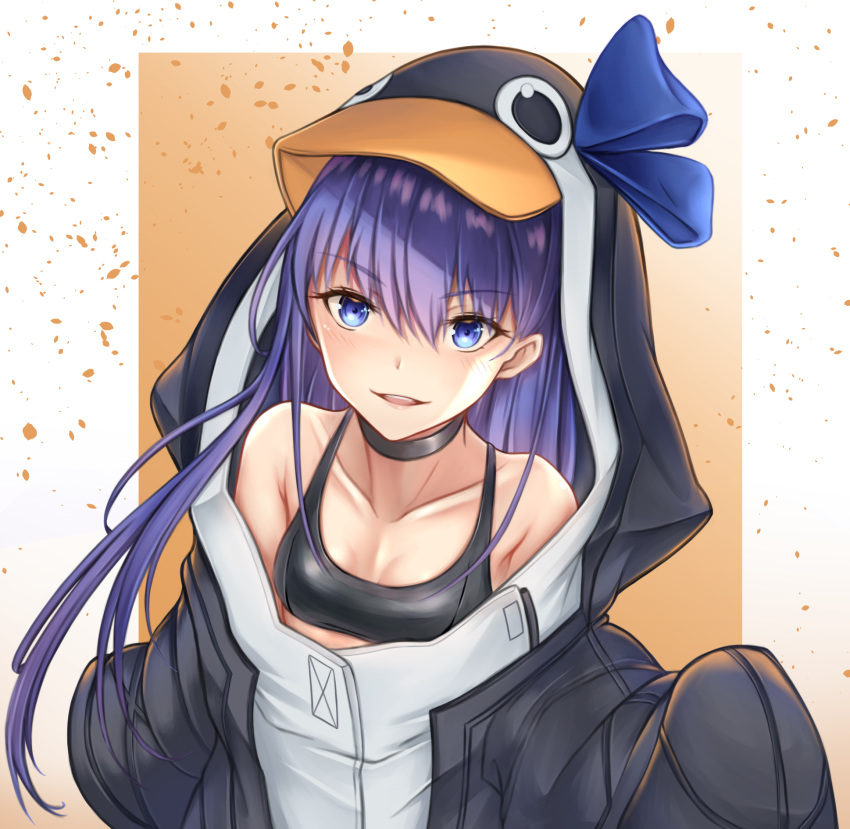 1girl animal_hood artist_request bangs bare_shoulders bikini black_bikini black_jacket blue_bow blue_eyes blush border bow breasts choker collarbone fate/grand_order fate_(series) gradient gradient_background highres hood hood_up jacket long_hair long_sleeves looking_at_viewer meltryllis meltryllis_(swimsuit_lancer)_(fate) open_mouth orange_background penguin_hood purple_hair sleeves_past_fingers sleeves_past_wrists small_breasts smile swimsuit very_long_hair white_border