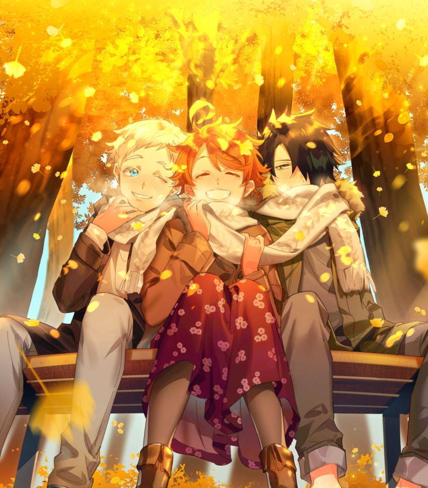 1girl 2boys ahoge autumn autumn_leaves bangs bench black_hair blue_eyes blush boots brown_footwear brown_jacket closed_eyes commentary_request day emma_(yakusoku_no_neverland) facing_viewer from_below grey_eyes grey_legwear grey_pants hair_over_one_eye highres holding holding_scarf jacket leaf long_sleeves looking_at_another multiple_boys norman_(yakusoku_no_neverland) one_eye_closed open_clothes open_mouth orange_hair outdoors pants pantyhose purple_skirt ray_(yakusoku_no_neverland) scarf shared_scarf shirt short_hair sitting skirt smile teeth thick_eyebrows tree white_hair white_scarf yakusoku_no_neverland yala1453