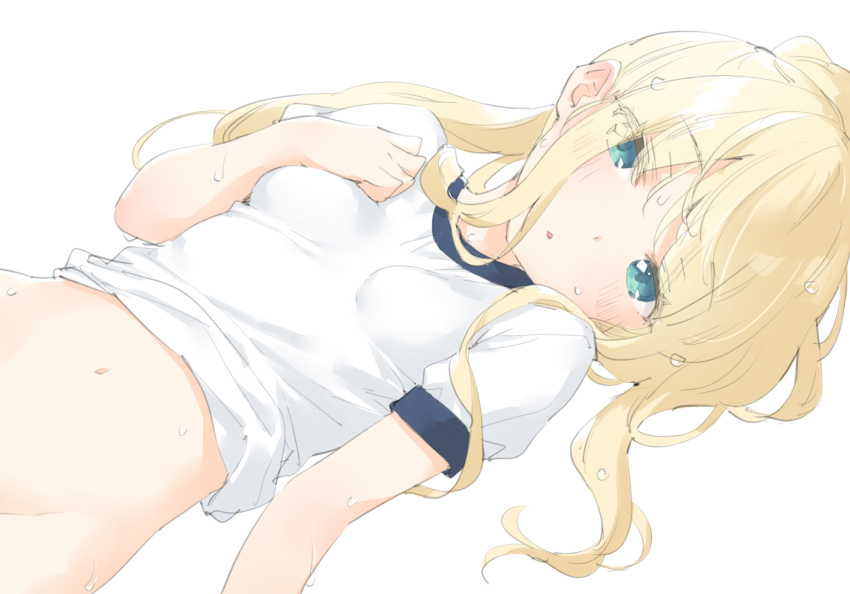 1girl blonde_hair blue_eyes bottomless breasts eyebrows_visible_through_hair fanbox_reward gym_shirt hand_on_own_chest long_hair looking_at_viewer lying navel original paid_reward parted_lips peko ponytail shimotsuki_potofu shirt sidelocks small_breasts solo sweat