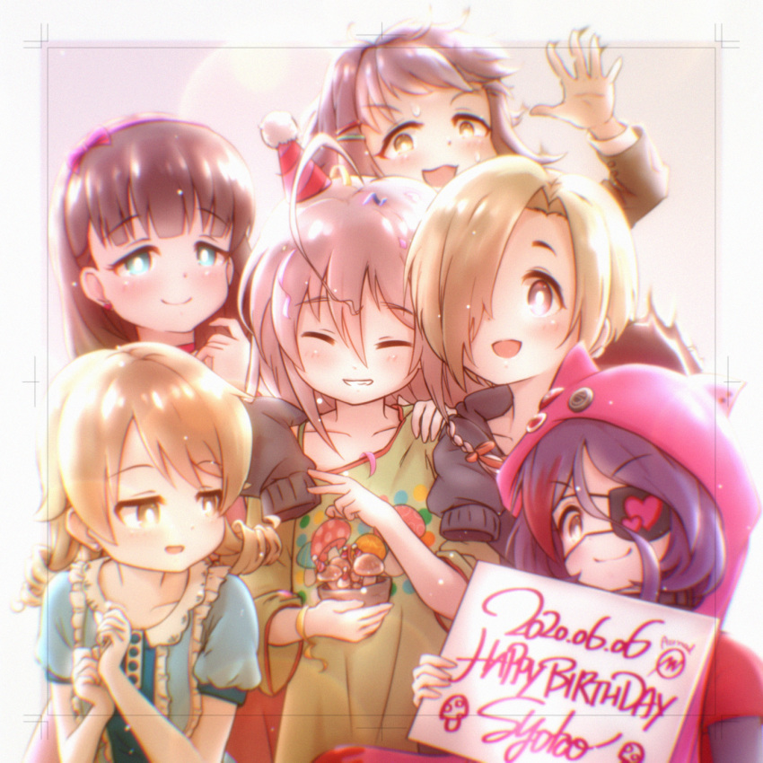 6+girls ahoge animal_ears azmad birthday blonde_hair blue_eyes blush bow brown_eyes brown_hair cat_ears choker closed_eyes collarbone dated drill_hair eyebrows_visible_through_hair eyepatch frills hair_ornament hairband hat hayasaka_mirei heart highres holding hood hood_up hoodie hoshi_shouko idolmaster idolmaster_cinderella_girls koshimizu_sachiko lavender_hair long_hair long_sleeves mini_hat morikubo_nono multicolored_hair multiple_girls mushroom off_shoulder open_mouth purple_hair redhead sakuma_mayu shirasaka_koume short_hair short_sleeves sign simple_background sleeves_past_wrists smile sweat sweatdrop teeth twin_drills yellow_eyes