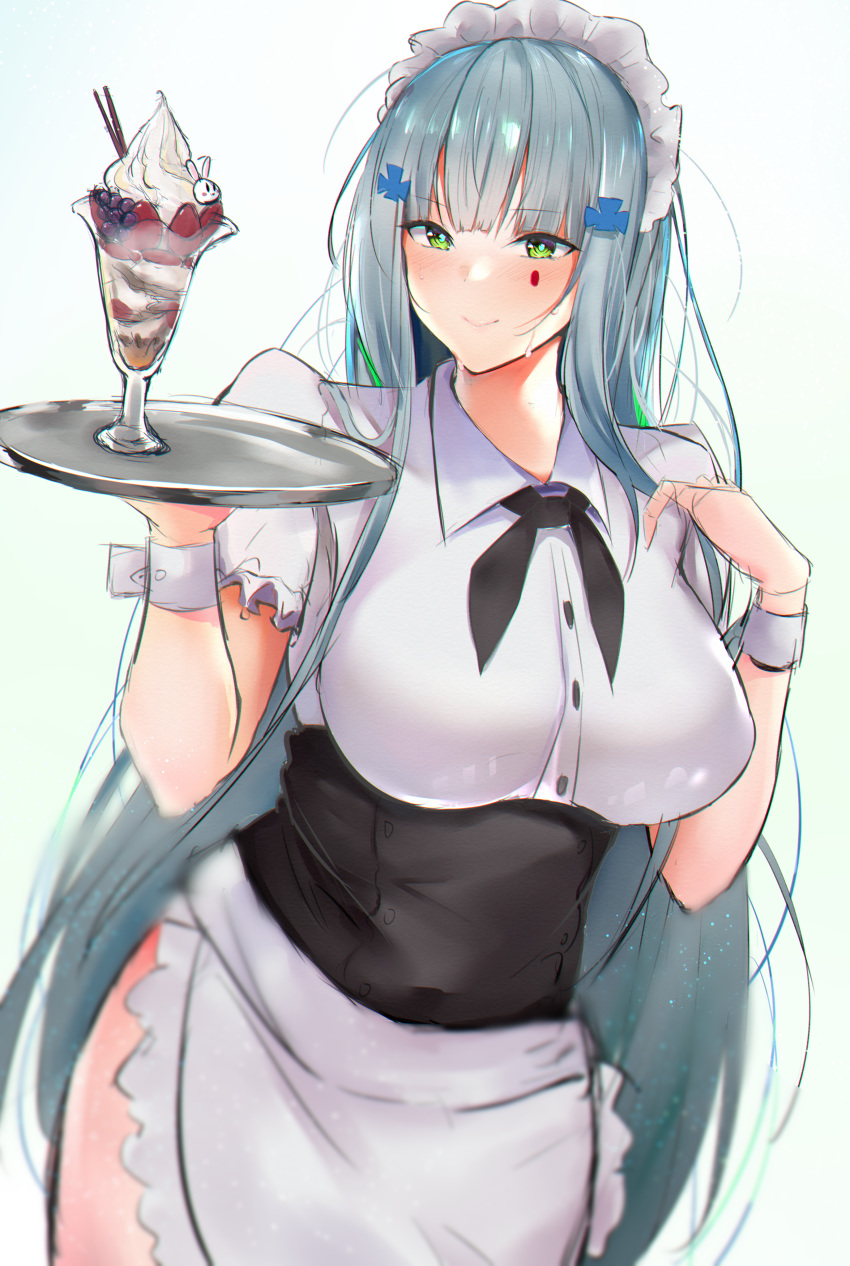 1girl absurdres apron aqua_background aqua_hair bangs blush breasts food girls_frontline green_eyes hairband highres hk416_(girls_frontline) huge_filesize ice_cream large_breasts long_hair looking_at_viewer maid maid_apron maid_dress maid_headdress necktie smile solo sweat tray zengi
