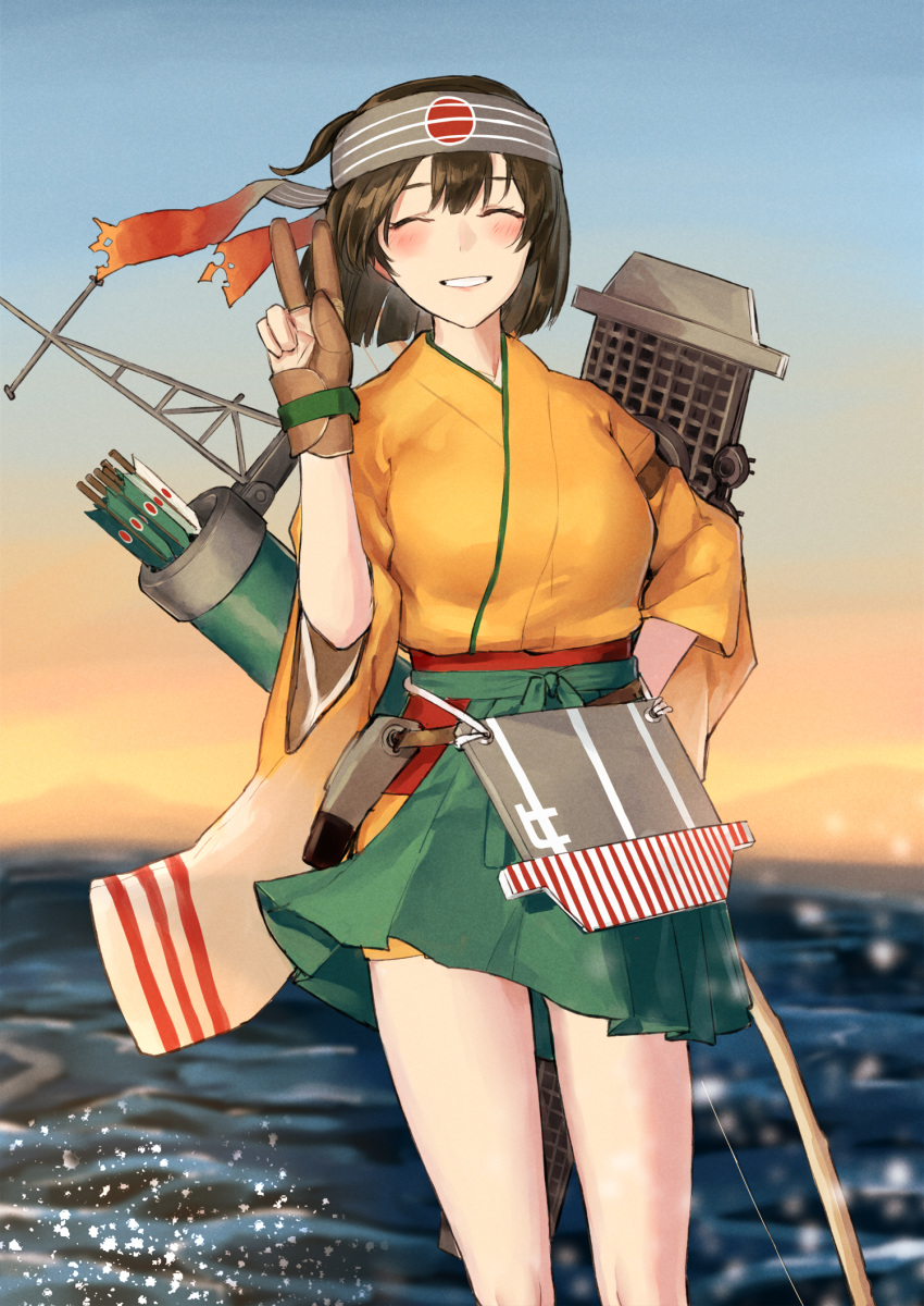 1girl apron blue_sky blurry breasts brown_gloves brown_hair closed_eyes commentary_request cowboy_shot depth_of_field facing_viewer flight_deck gloves gradient_sky green_hakama hakama hakama_skirt headband highres hiryuu_(kantai_collection) japanese_clothes kantai_collection kimono large_breasts ocean one_side_up orange_kimono orange_sky partly_fingerless_gloves poco_(backboa) quiver remodel_(kantai_collection) short_hair side_ponytail single_glove sky solo sunset v water yugake