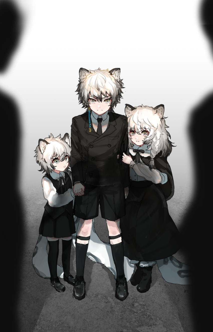 1boy 2girls animal_ears arknights bangs black_capelet black_hair black_jacket black_legwear black_neckwear black_ribbon black_shorts black_skirt black_vest boots brother_and_sister capelet cliffheart_(arknights) collared_shirt commentary dress eyebrows_visible_through_hair full_body fur-trimmed_boots fur-trimmed_capelet fur_trim grey_eyes hair_between_eyes hands_on_another's_arm highres holding_hands jacket kneehighs leopard_ears leopard_tail long_sleeves looking_at_viewer multicolored_hair multiple_girls necktie pramanix_(arknights) ribbon shirt shoes short_hair shorts siblings silverash_(arknights) simple_background skirt standing tail thigh-highs vest white_hair white_shirt yavalley younger