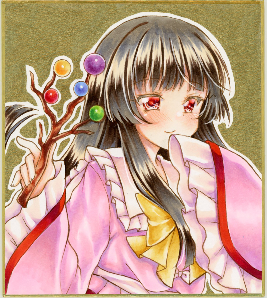 1girl bangs black_hair blunt_bangs blush bow branch commentary_request eyebrows_visible_through_hair graphite_(medium) hair_between_eyes highres holding_branch houraisan_kaguya jeweled_branch_of_hourai long_hair long_sleeves looking_at_viewer marker_(medium) nekofish666 pink_shirt portrait red_eyes shirt sidelocks sleeves_past_wrists smile solo touhou traditional_media yellow_bow
