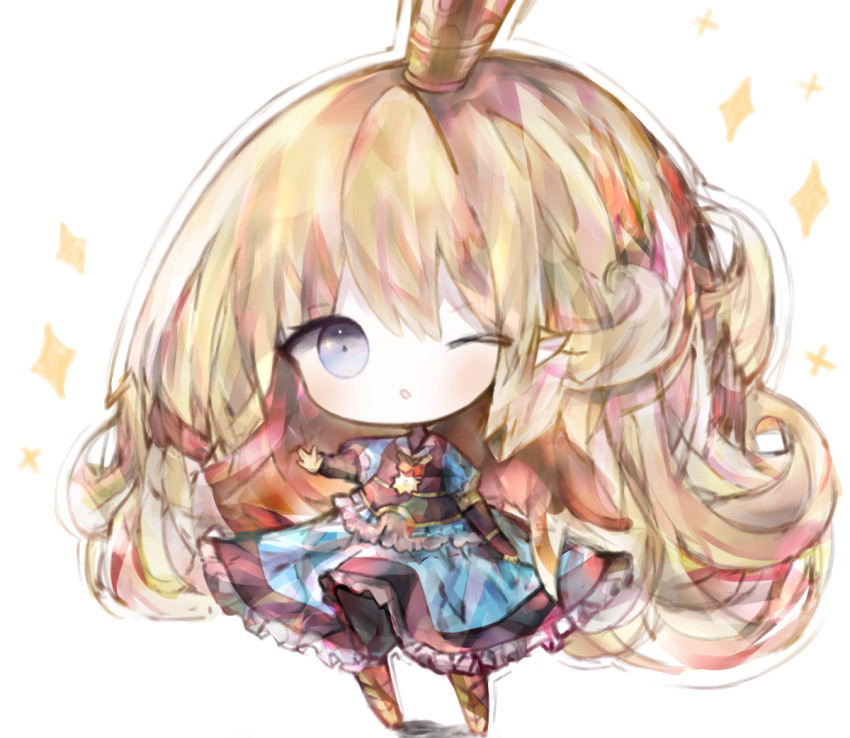 1girl ;o armor armored_boots armored_dress bangs black_gloves blonde_hair blue_dress blue_eyes blush boots charlotta_fenia chibi commentary_request cottontailtokki crown dress eyebrows_visible_through_hair fingerless_gloves frilled_dress frills gloves granblue_fantasy harvin long_hair looking_at_viewer mini_crown one_eye_closed outstretched_arm parted_lips pointy_ears puffy_short_sleeves puffy_sleeves shadow short_sleeves solo sparkle standing very_long_hair white_background