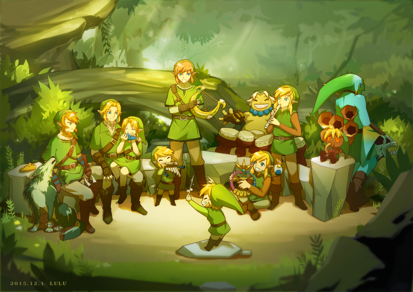 belt blonde_hair blue_eyes boots brown_hair cuffs drum earrings fingerless_gloves flute forest gloves goron green_headwear green_tunic grin harp highres instrument jewelry link looking_at_another multiple_boys multiple_persona nature ocarina pointy_ears rock ruru_(lulubuu) shackles sidelocks smile the_legend_of_zelda the_legend_of_zelda:_majora's_mask the_legend_of_zelda:_ocarina_of_time the_legend_of_zelda:_skyward_sword the_legend_of_zelda:_the_wind_waker the_legend_of_zelda:_twilight_princess white_hair wolf zora