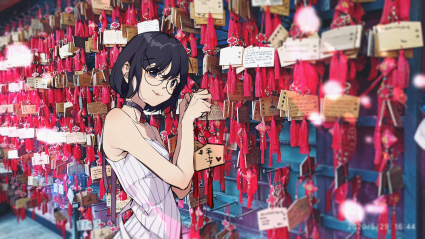 1girl absurdres bangs bare_arms bare_shoulders black_hair blurry day depth_of_field ema glasses hair_ornament hairclip head_tilt heart highres huge_filesize looking_at_viewer original photo_background ribbon round_eyewear shinto short_hair sleeveless smile solo spaghetti_strap suyi-j upper_body x_hair_ornament