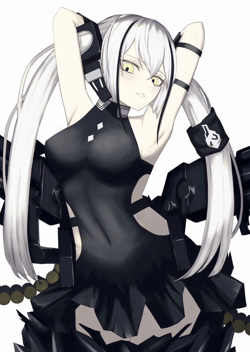 1girl absurdres ammunition_belt arched_back armband armpits arms_behind_head black_dress breasts cowboy_shot destroyer_(girls_frontline) dress emblem girls_frontline hair_tubes headset highres long_hair looking_at_viewer mechanical_arms navel rigging sangvis_ferri simple_background sleeveless sleeveless_dress small_breasts solo thigh-highs thomas_8000 tsurime twintails very_long_hair white_background white_hair yellow_eyes