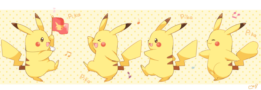 &gt;3&lt; :3 arm_up border commentary_request flag gen_1_pokemon holding holding_flag leg_up looking_at_another marching mei_(maysroom) musical_note no_humans open_mouth pikachu pokemon pokemon_(creature) polka_dot polka_dot_background signature smile standing standing_on_one_leg walking whistle white_border |3